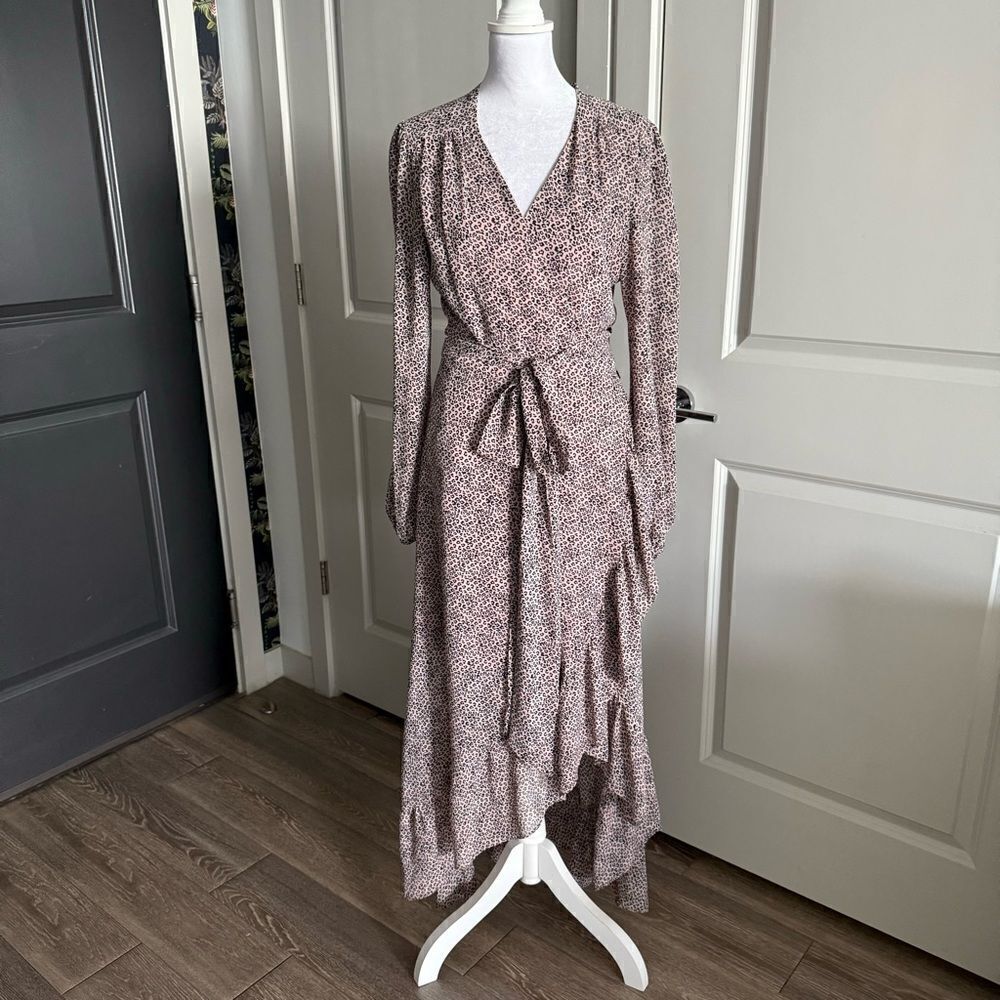 WAYF Blush Pink Micro Animal Print Long Sleeve Wrap Dress Size M